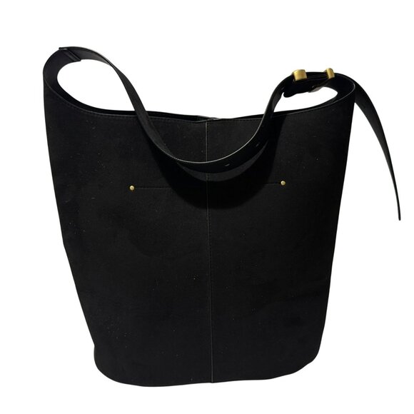 H&M Black Bucket Bag Suede-Like Fabric Goldtone Hardware Adjustable Strap - Picture 3 of 7